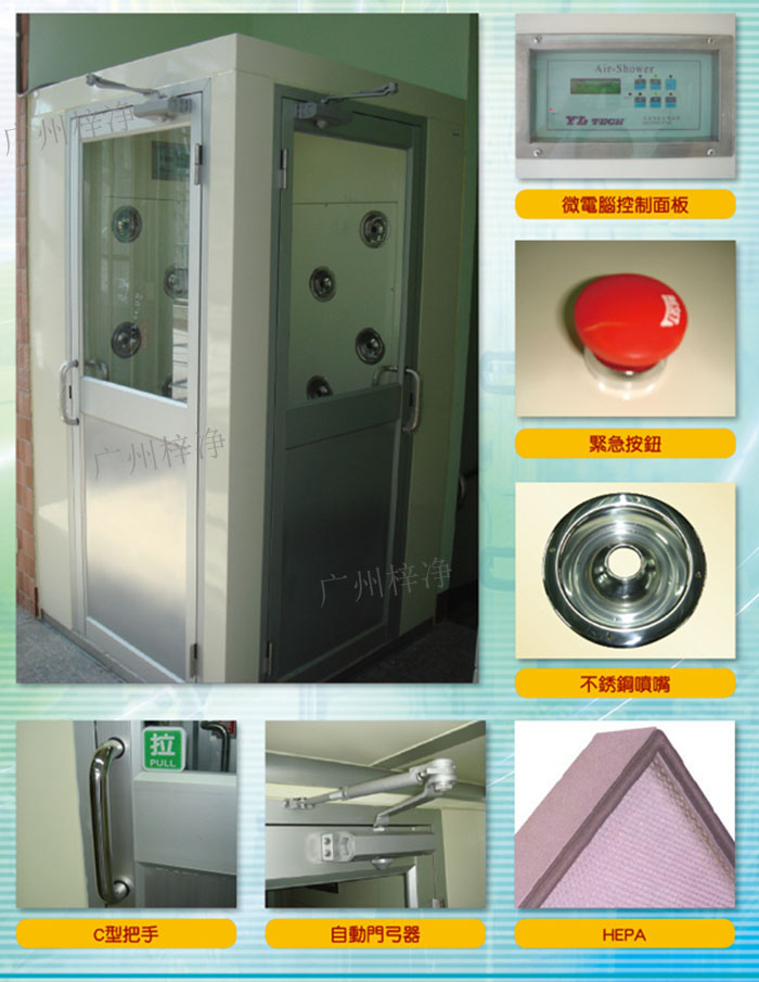 轉(zhuǎn)角風(fēng)淋室吹淋原理:初效過濾器--離心風(fēng)機--靜壓箱--高效過濾器--噴嘴高速噴出--內(nèi)循環(huán)風(fēng)。